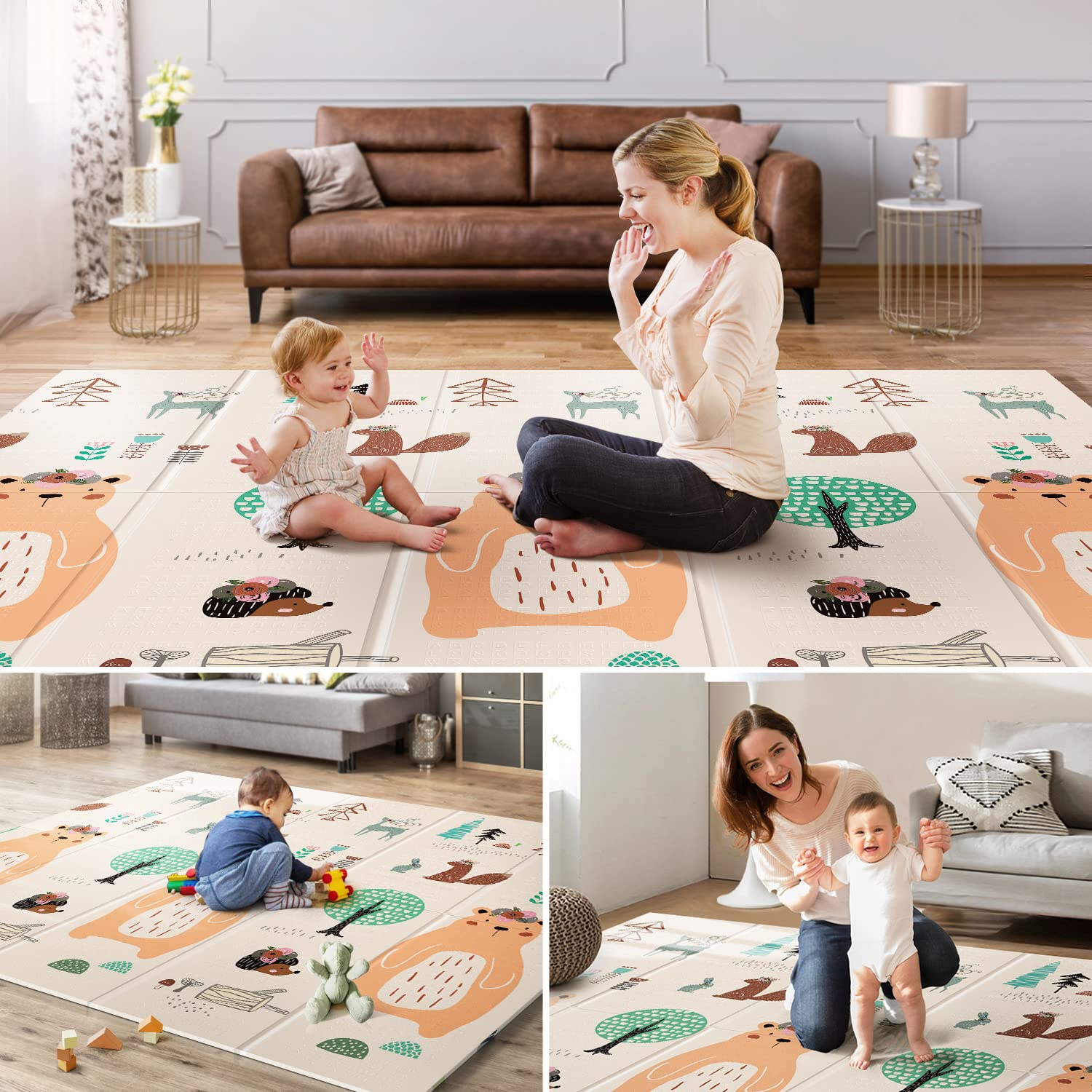 Foldable & Reversable Large Waterproof Foam Baby Activity Tummy Time Foam XPE Mat baby play mat with piping details