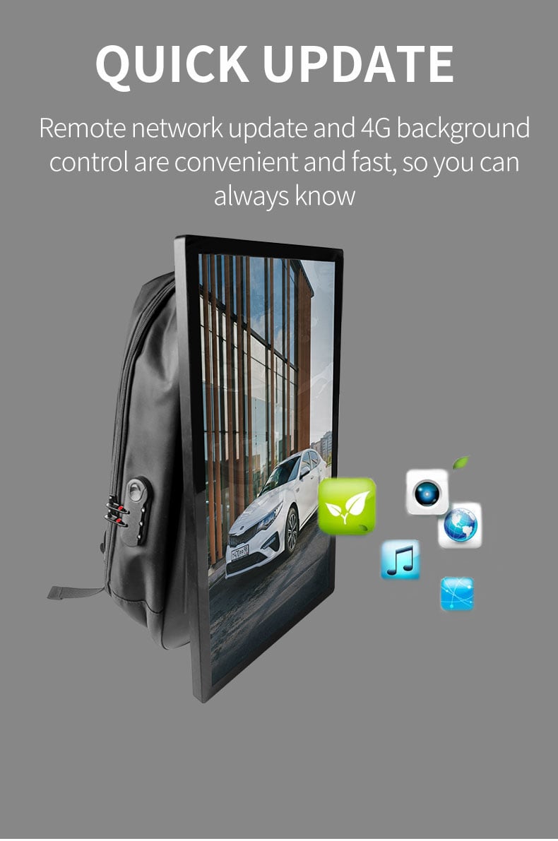 Walking billboard 21.5 24 27 32 inch backpack LCD advertising display built-in software portable billboard backpack supplier