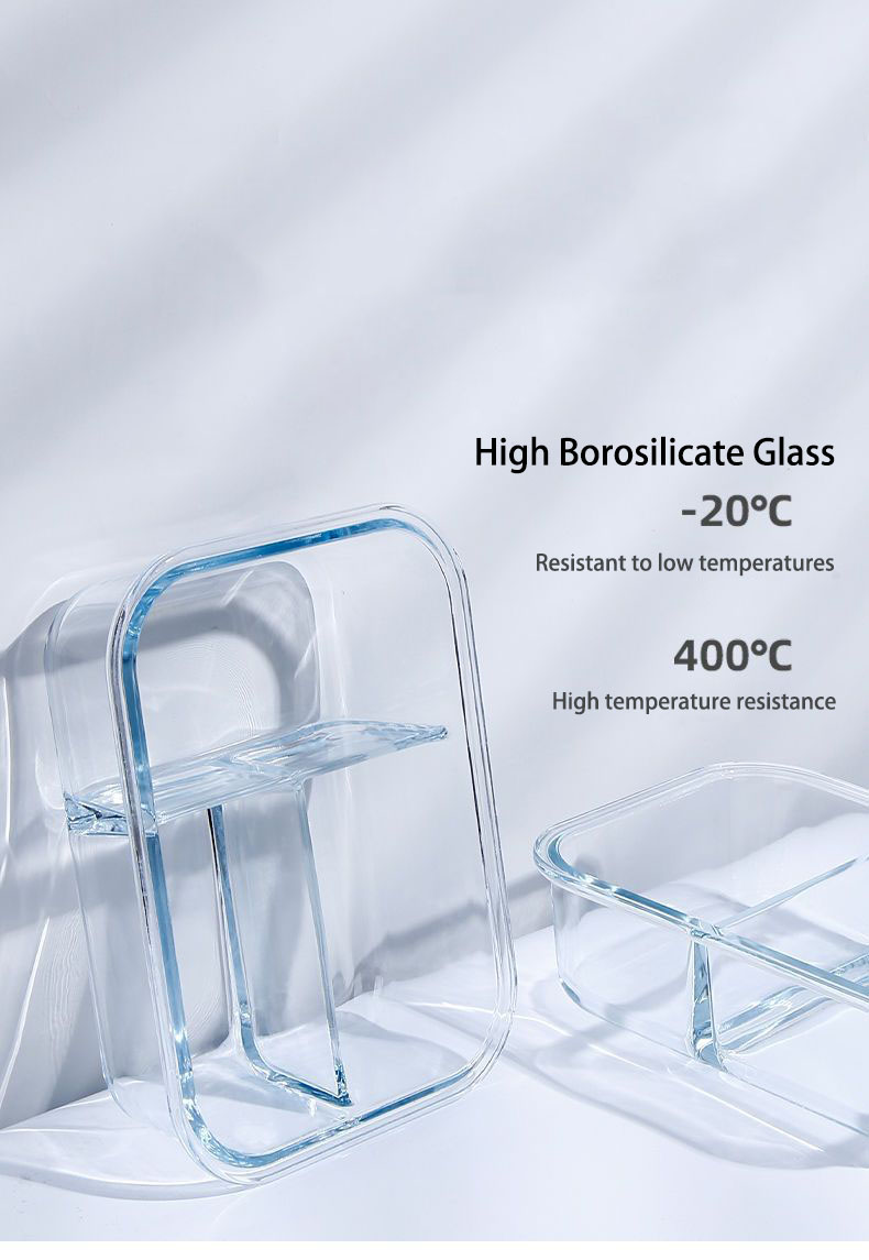 Glass food storage container rectangular container kitchen preparation bowl with airtight lid and partition factory