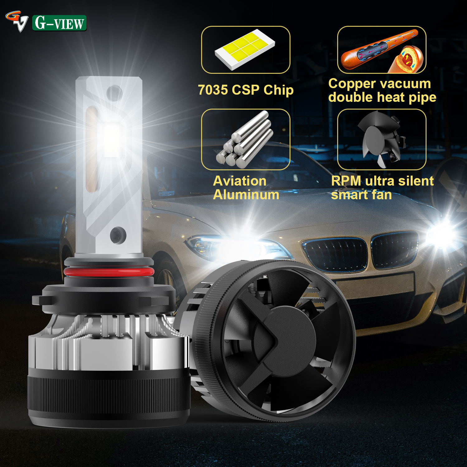 Gview G12W Series LED Head Lights 9006 9012 H1 H3 H4 H8 Two Copper Vacuum Double Heat Pipe H8 H11 LED Headlight for Car supplier