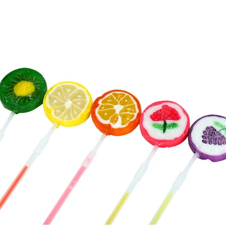 Vitamin fruit flavor orange, lemon, grape shape flat round hard candy lollipop details