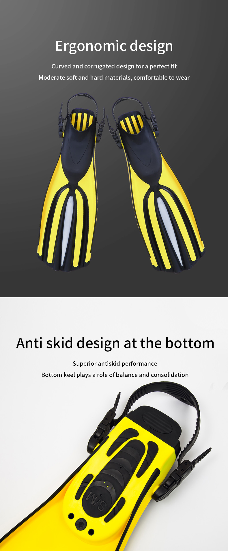 Professional TPR+PP artificial rubber silicone long deep swimming wave adult fins diving flipper scuba diving fins factory