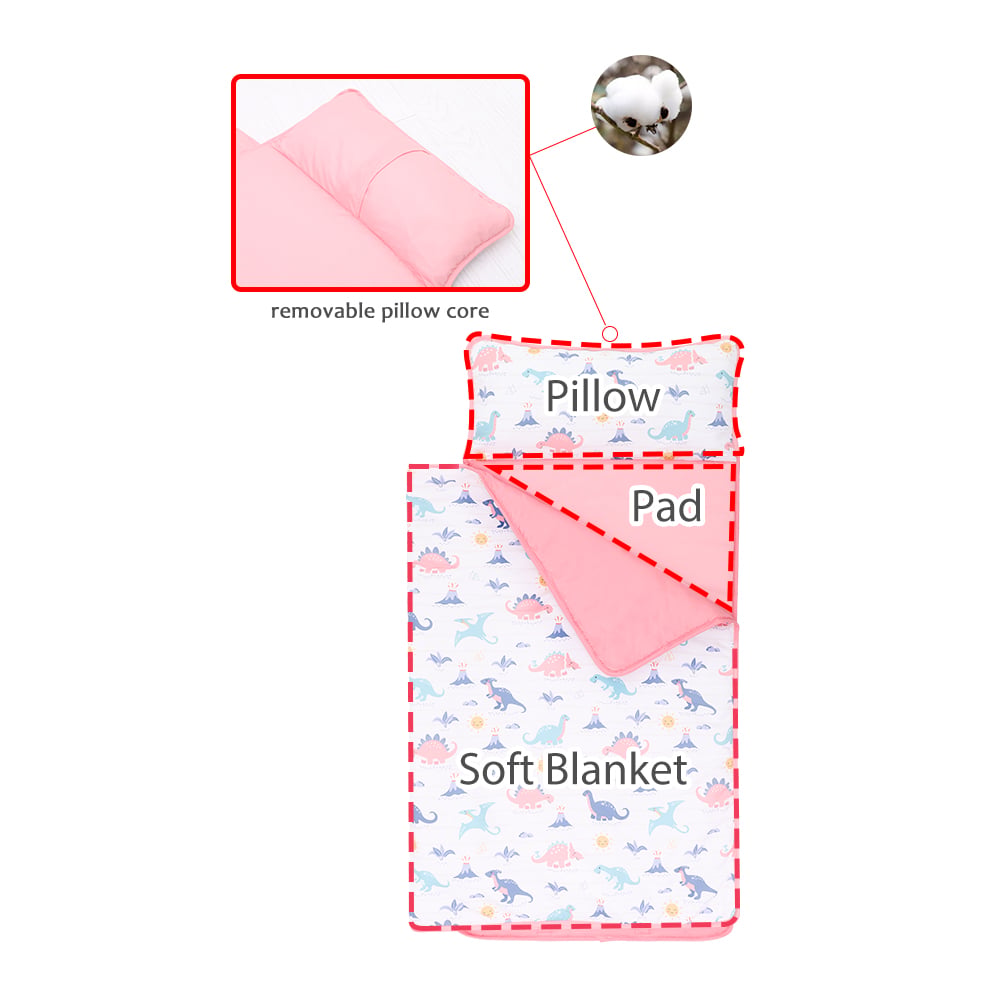 Soft Microfiber Pink Dinosaur Nap Mat Daycare Preschool Toddler Nap Mat with Fastening Straps Closure manufacture