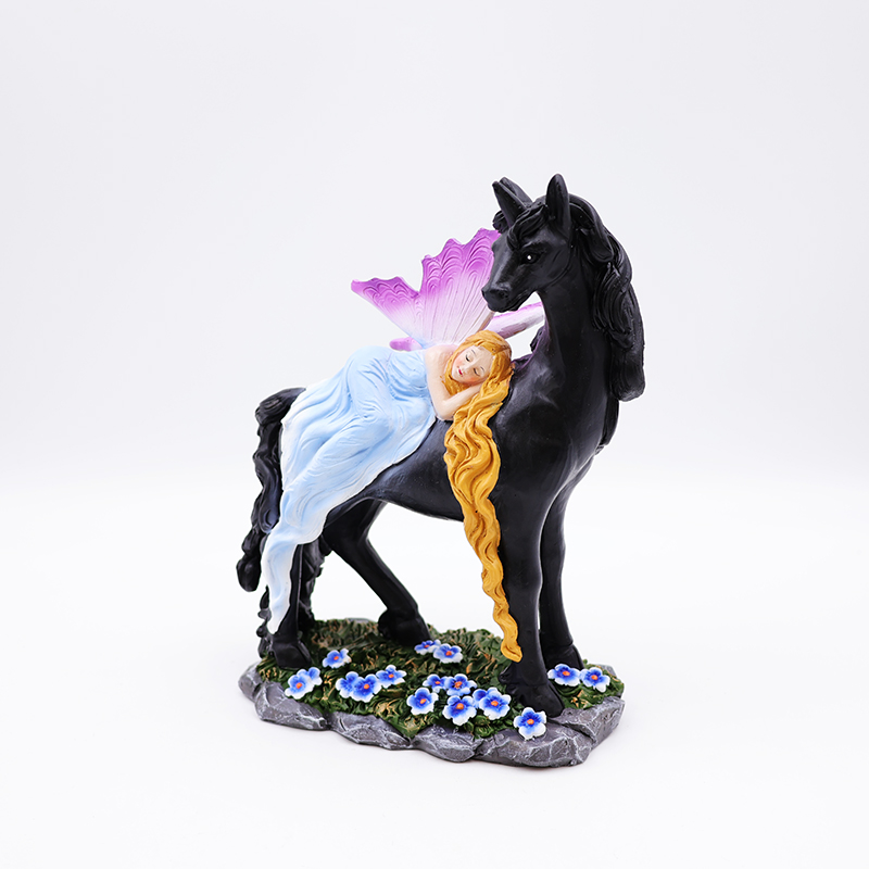 OEM home garden decor miniature 3d figure statue custom resin craft beautiful mystical fairy and black unicorn figurines supplier