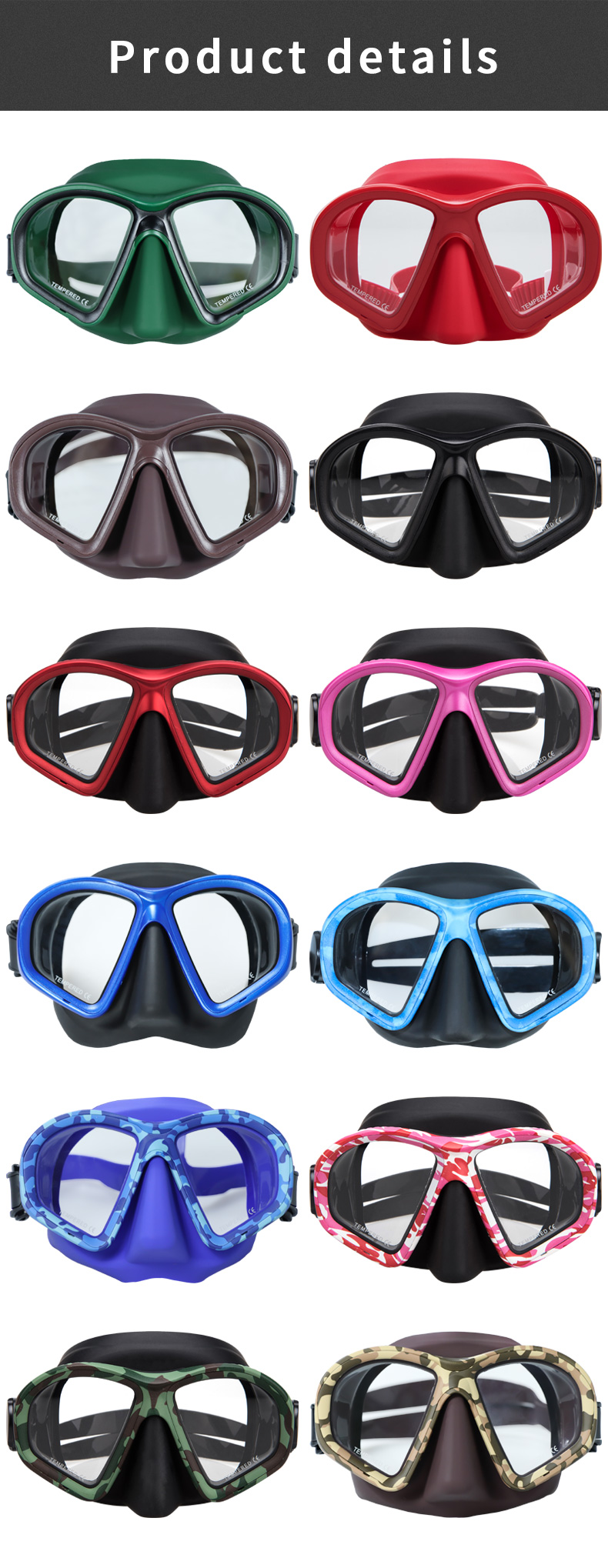Tempered glass lens Camo frame diving Goggles with nose cover low volume diving mask for free diving factory