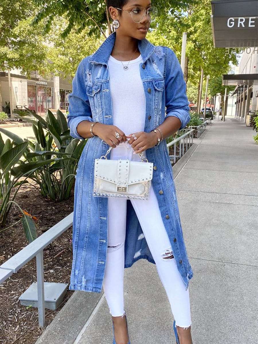 Denim Jacket Women's Solid Color Tassel Breasted Ripped Hole Long Denim Trench Coat details