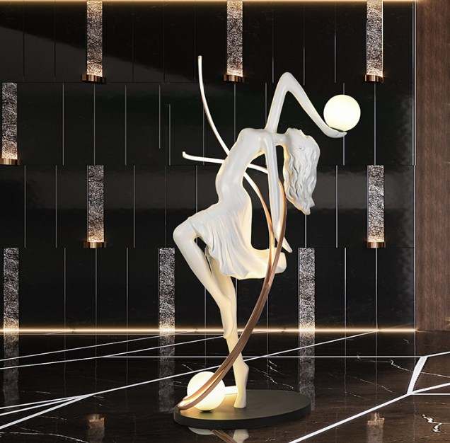 Modern Creative Design Hotel Project Indoor Decor Human Art Sculpture Ball Holding LED Standing Floor Lamp factory