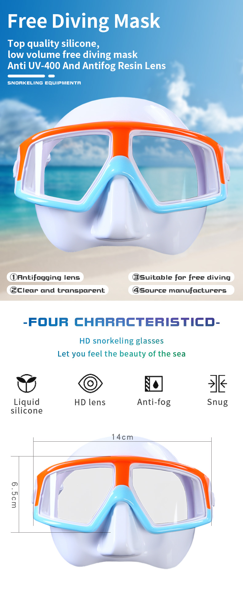 New Orange Frame 100% Liquid Silicone Anti-impact Anti-UV 400 Tempered Glass Wide Angle View Lens Freeding Spearfishing Mask factory
