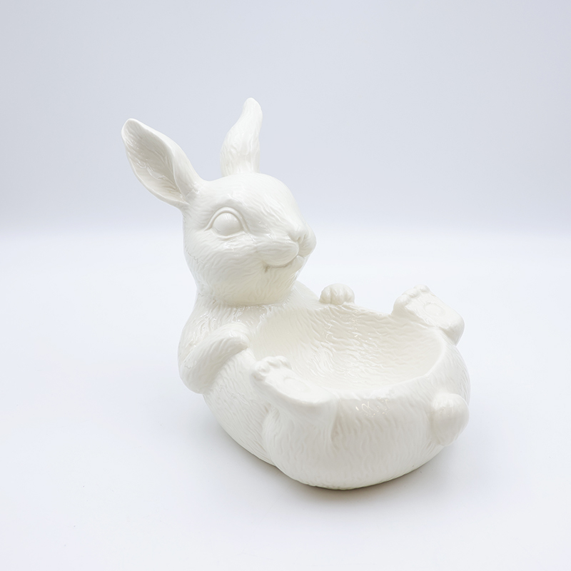 OEM Nordic home decor holiday kitchen ware storage snack container custom cute ceramic Easter white bunny bowl dishes manufacture