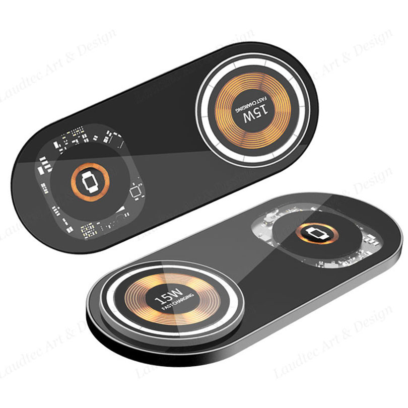 Laudtec KC015 3 In 1 Stand 15W Mobile Phone Fast Glass Plates Magnetic Chargers Transparent Wireless Charger For Iphone Samsung