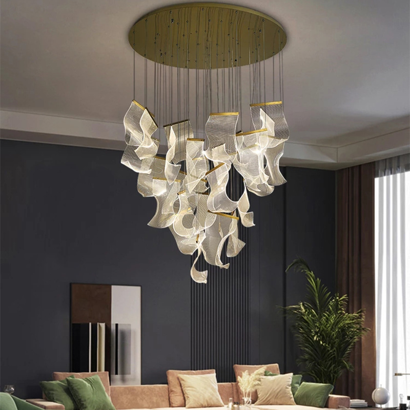 Modern Style Hotel Villa Stairs Bronze Iron Ceiling Light Hanging Acrylic LED Pendant Light manufacture