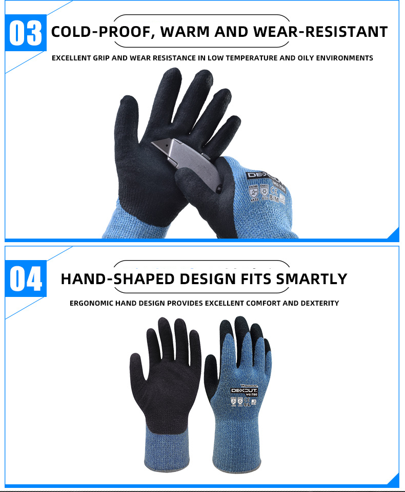High-performance WG-780 Cut Thermo Cold-proof Cutting Work Gloves blue Aramid Acrylic Mineral Fiber Nitrile Rubber work gloves factory