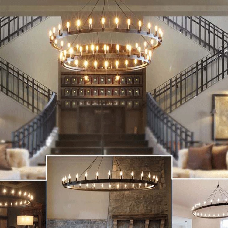 Retro Industrial Loft Restaurant Hotel Project Iron Ring Pendant Light Cafe Living Room Club Metal Chandelier factory
