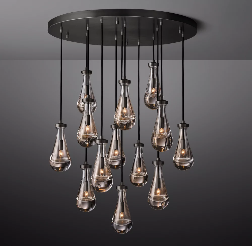 Villa Living Room Dining Room High Ceiling LED Raindrop Pendant Light Antique Brass Glass Chandelier details