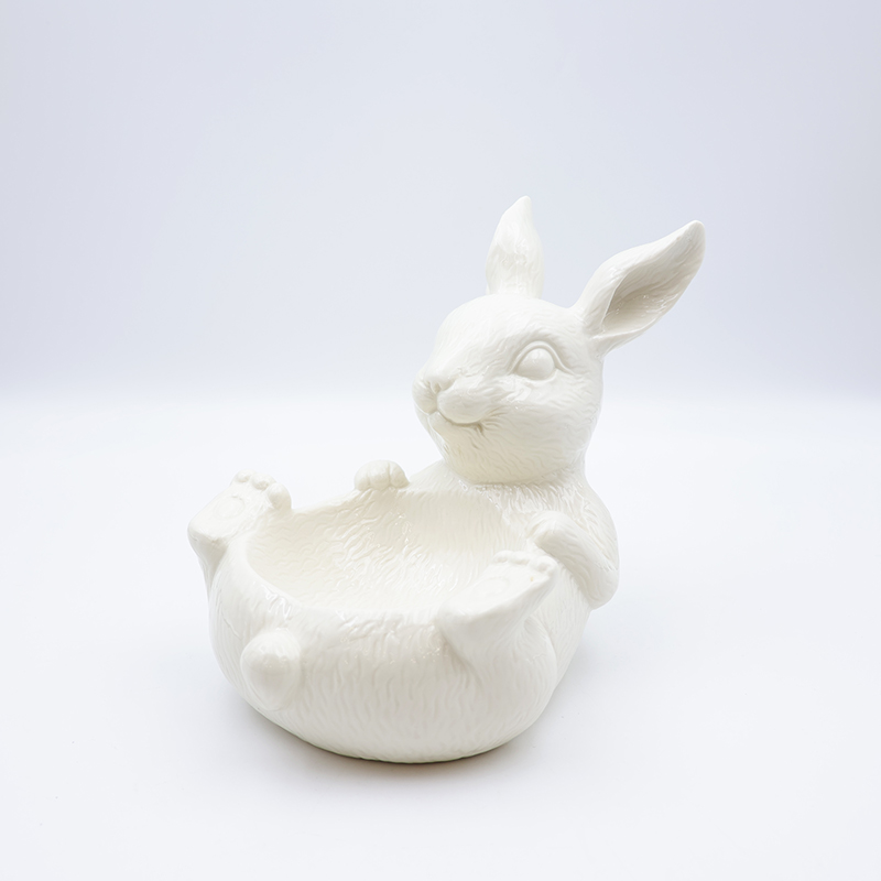 OEM Nordic home decor holiday kitchen ware storage snack container custom cute ceramic Easter white bunny bowl dishes details