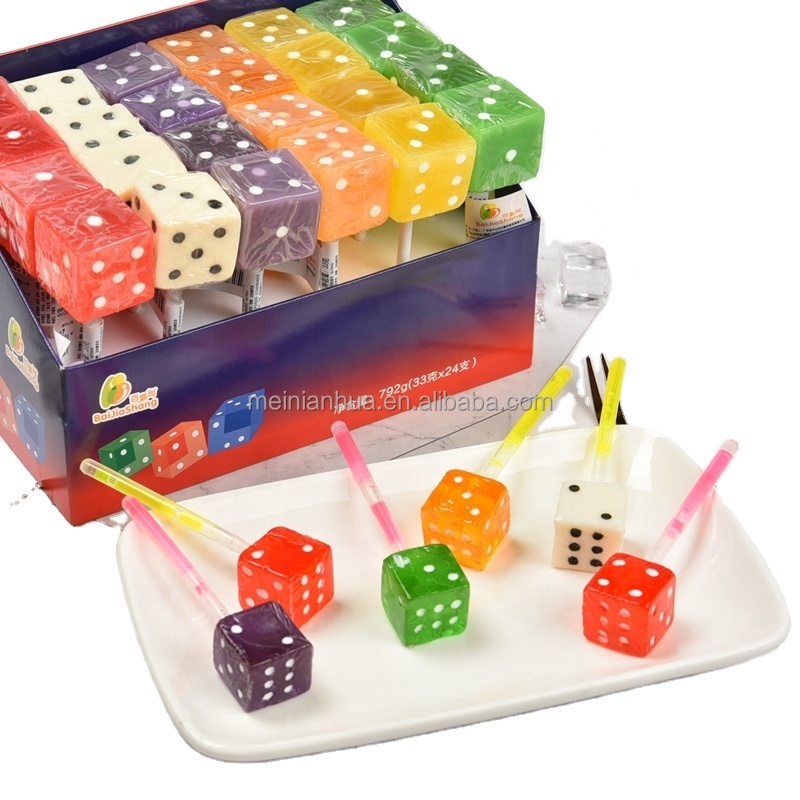 Glow stick custom various fruit flavor colorful cube  dice shape lollipop details