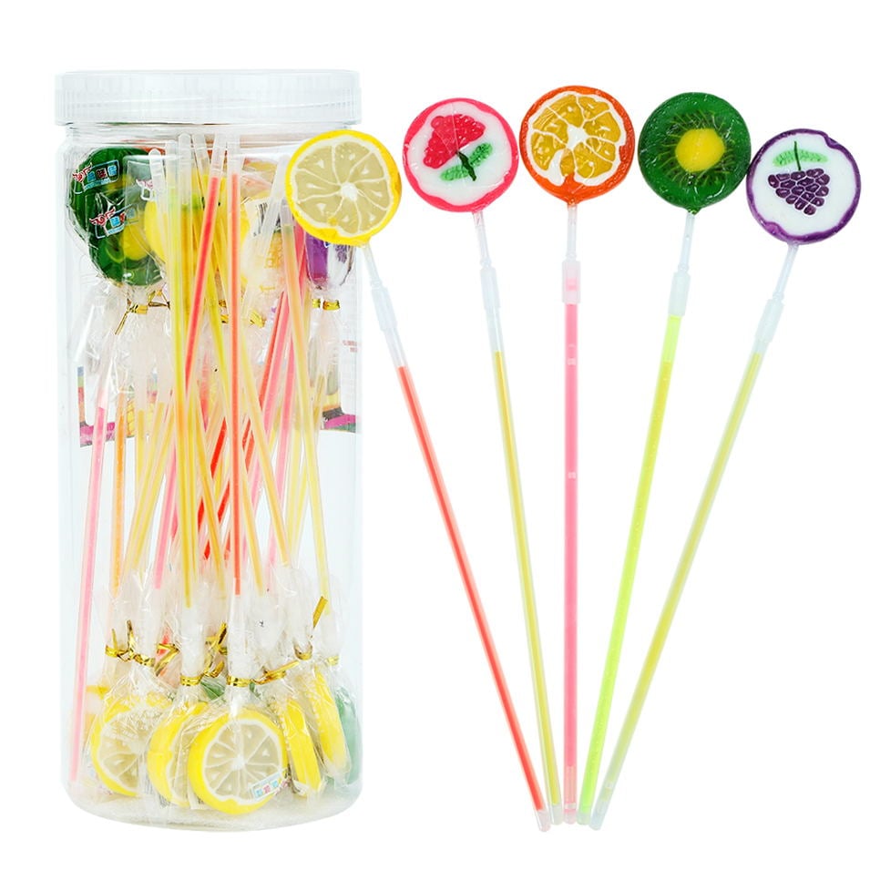 Vitamin fruit flavor orange, lemon, grape shape flat round hard candy lollipop details