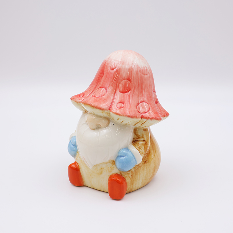 OEM Custom new home decor cute 3d figure statue ceramic fanshaped pink mushroom gnome figurine ornaments gift supplier