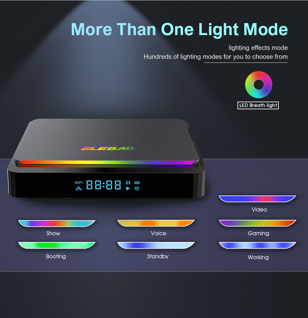 Patent design Android 11 S905X4 2.4/5G dual band wifi 8K AV1 decode with Dynamic RGB light smart tv box details