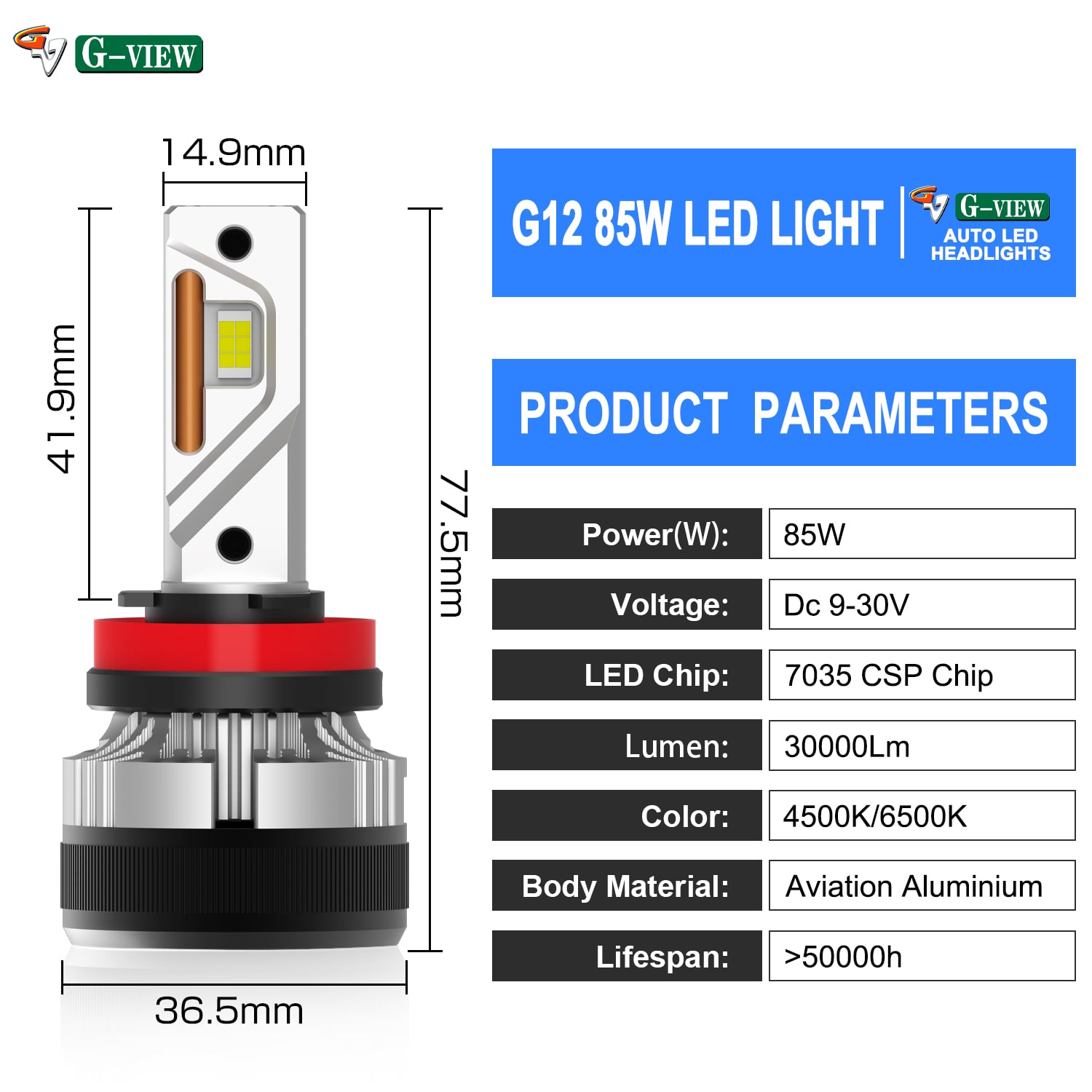 Gview Hot Selling Style G12W 30000 Lumens LED Bulbs Auper Bright Car Accessories for H4 LED Headlight LED H11 details
