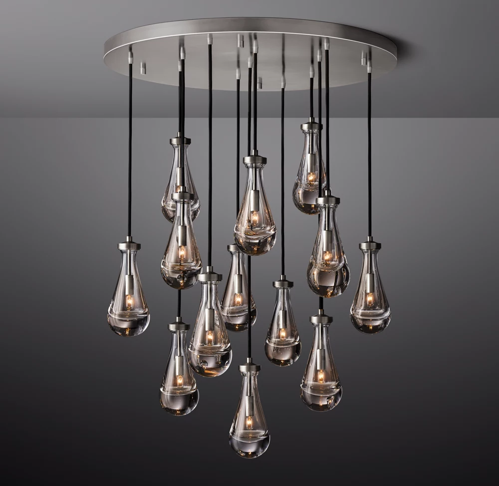 Villa Living Room Dining Room High Ceiling LED Raindrop Pendant Light Antique Brass Glass Chandelier details