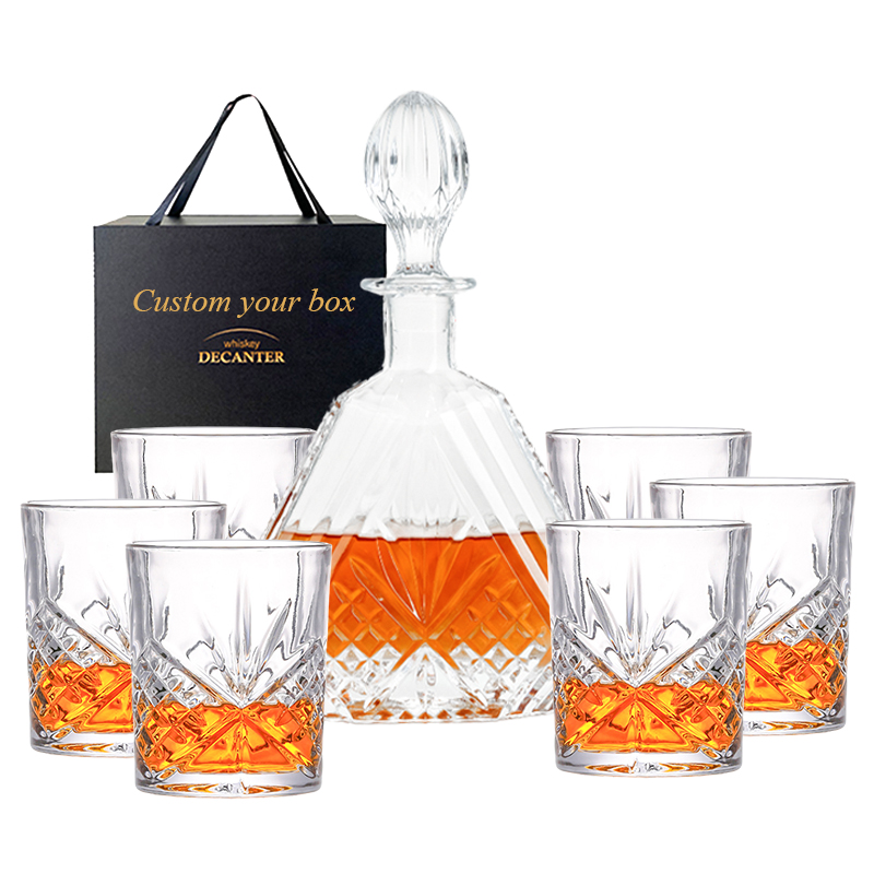 650ml 23oz Carve Triangle Whiskey Decanter Set with 6 Whisky Glasses in Gift Box Large Capacity Lead Free Crystal Clear Glass manufacture