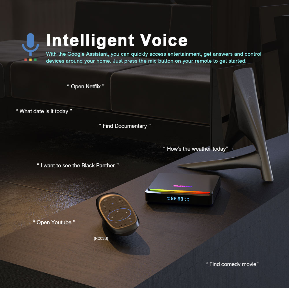 Patent design Android 11 S905X4 2.4/5G dual band wifi 8K AV1 decode with Dynamic RGB light smart tv box details
