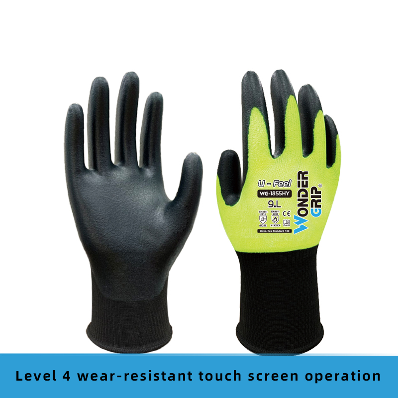 WG-1855HY U-Feel nitrile foam work gloves polyester spandex nitrile rubber fluorescent yellow touch screen work gloves factory