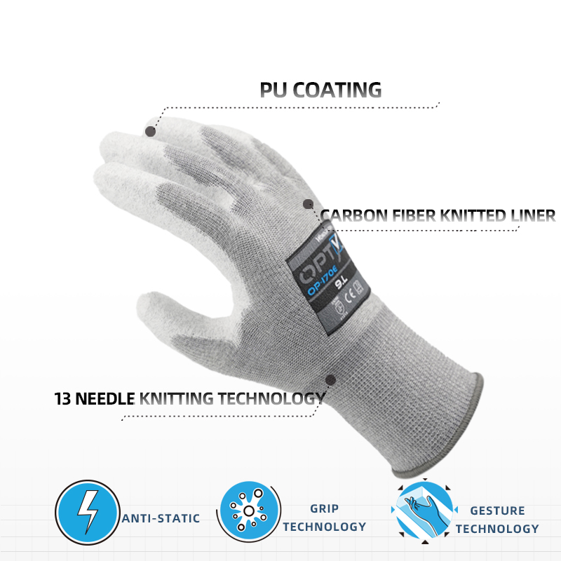 High Performance Anti-Static OP-170E Gray Nylon Carbon Fiber PU Work Gloves details