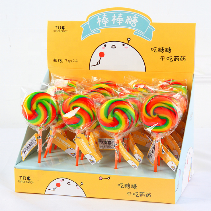 Custom halal fruit flavor heart shape rainbow hard lollipop candy factory