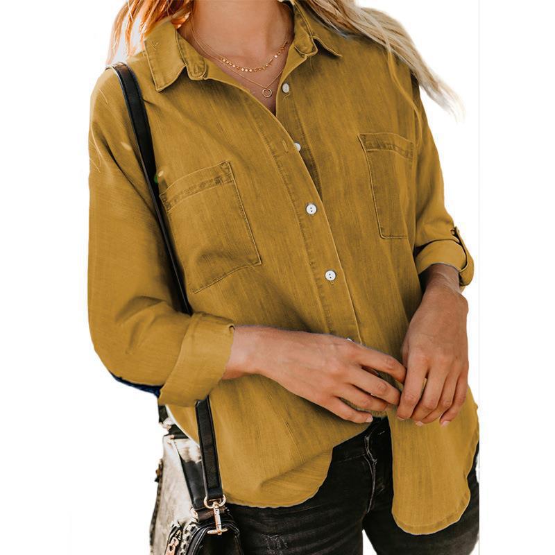 Denim Shirt for Women Collared Button Down Long Sleeve Jean Shirt Top Loose Lightweight Denim Jacket with Pockets details