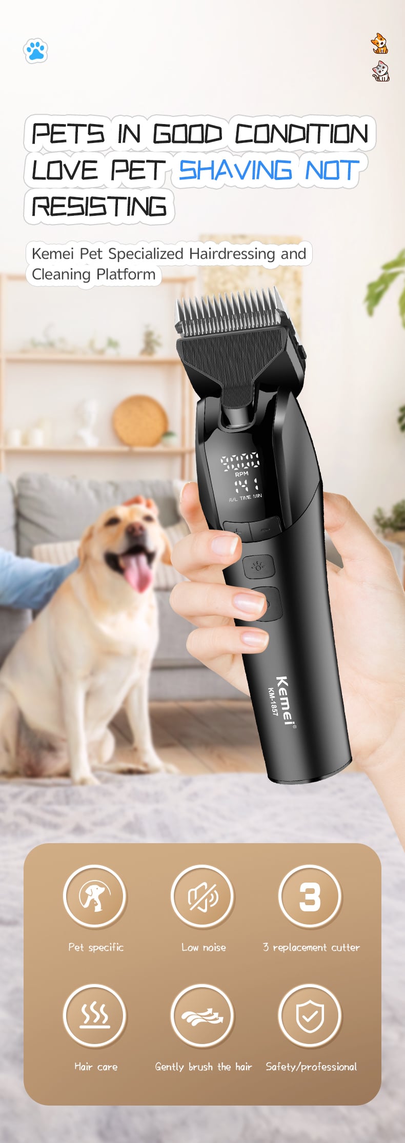 Professional Pet Grooming Tool Electric Pet Shaver Hair Shaver Km-1857 Electric Pet Hair Shaver For Dogs Cats manufacture