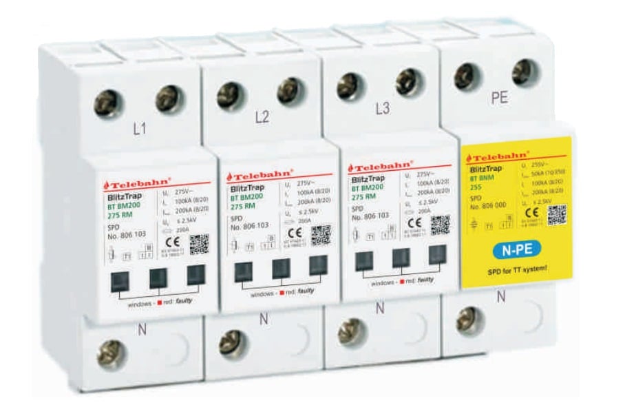 Power Surge Protection T1 100kA 200kA AC 275V for 3 phases TN-S/ TT 3+1 Circuit System SPD Lightning Protectors factory