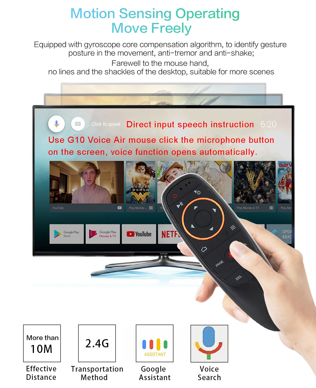 Comfortable hand feeling G10 2.4G Wireless motion sensing google assistant IR learning voice smart remote control for tv supplier
