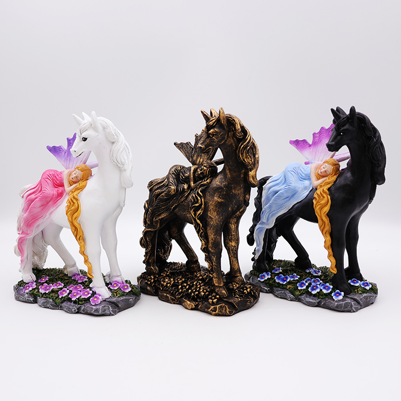 OEM home garden decor miniature 3d figure statue custom resin craft beautiful mystical fairy and black unicorn figurines supplier