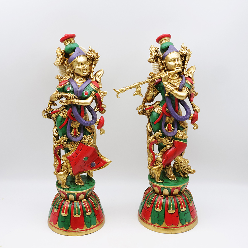 OEM Custom retro religious god electroplating brass color idol figurine resin crafts lord radha krishna statue home decor supplier