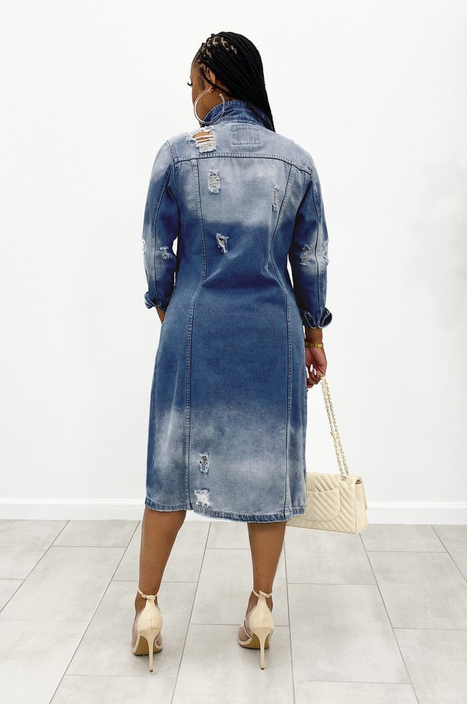 Denim Jacket Women's Solid Color Tassel Breasted Ripped Hole Long Denim Trench Coat details