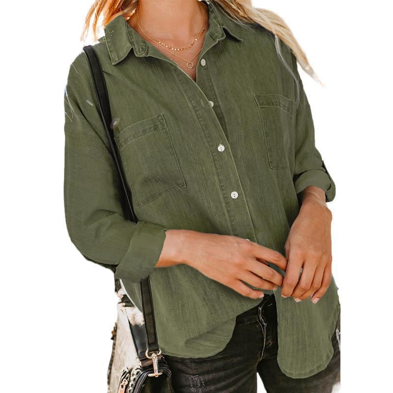 Denim Shirt for Women Collared Button Down Long Sleeve Jean Shirt Top Loose Lightweight Denim Jacket with Pockets supplier
