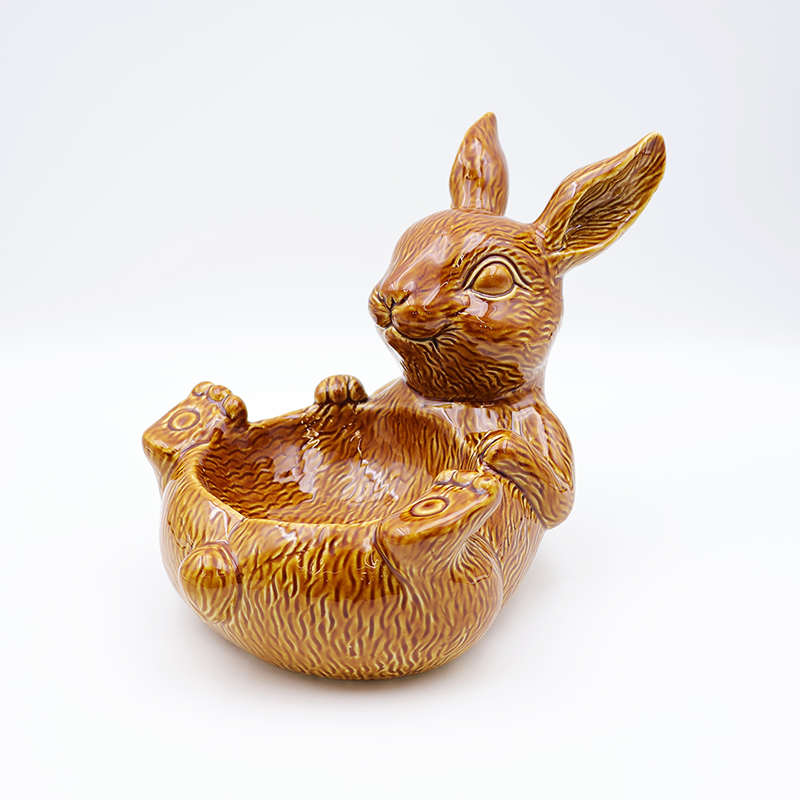 OEM Nordic home decor holiday kitchen ware storage snack container custom cute ceramic Easter brown bunny bowl dishes factory