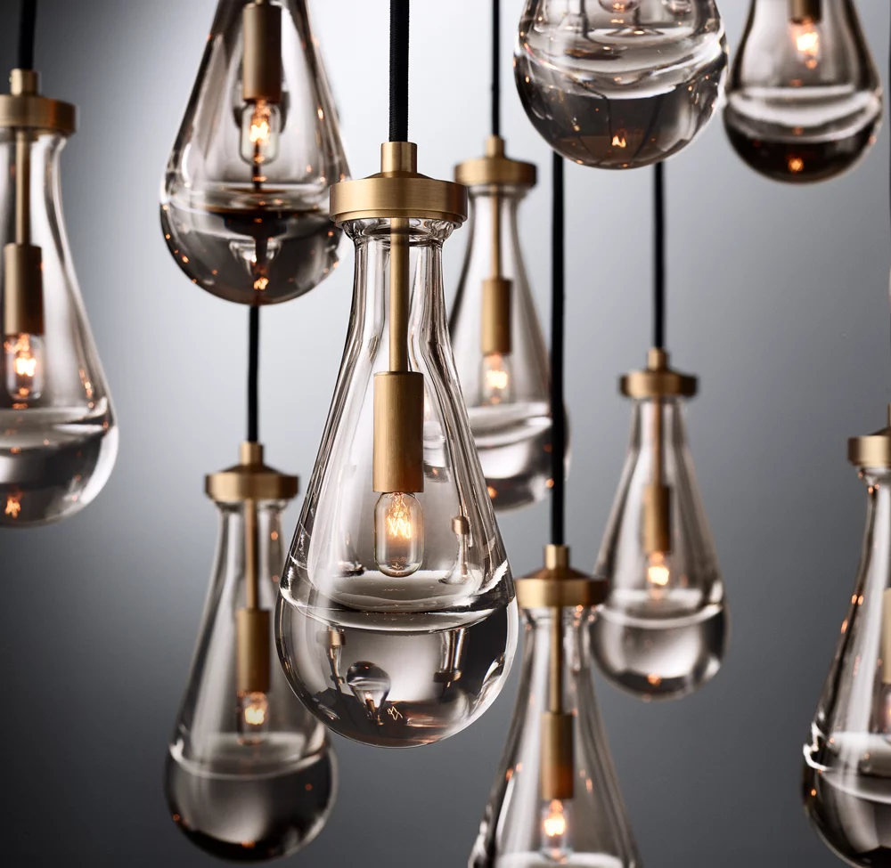 Villa Living Room Dining Room High Ceiling LED Raindrop Pendant Light Antique Brass Glass Chandelier factory