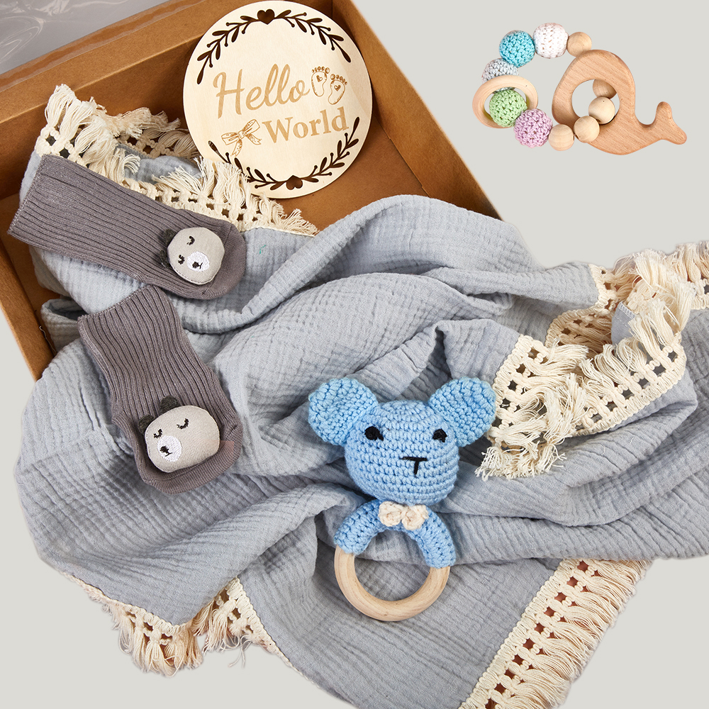DIY Baby Muslin Blanket Set Rattle Teether Matching Headband Newborn Socks Baby Gift Set supplier