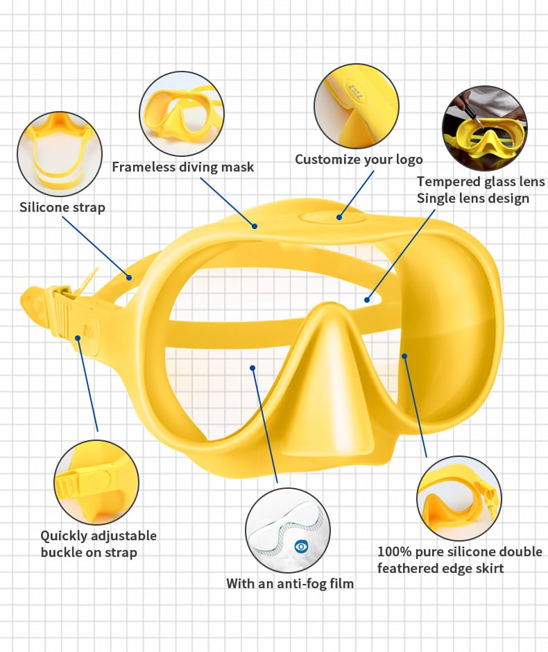 Diving equipment Frameless safe glass low volume snorkel mask oval water spearfishing scuba diving mask manufacture