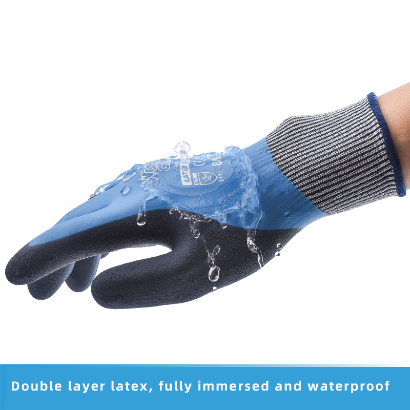 WG-318 Aqua fully immersed waterproof work gloves  blue  nylon natural latex  waterproof work gloves factory
