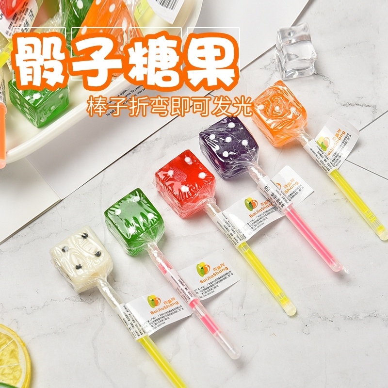Glow stick custom various fruit flavor colorful cube  dice shape lollipop manufacture