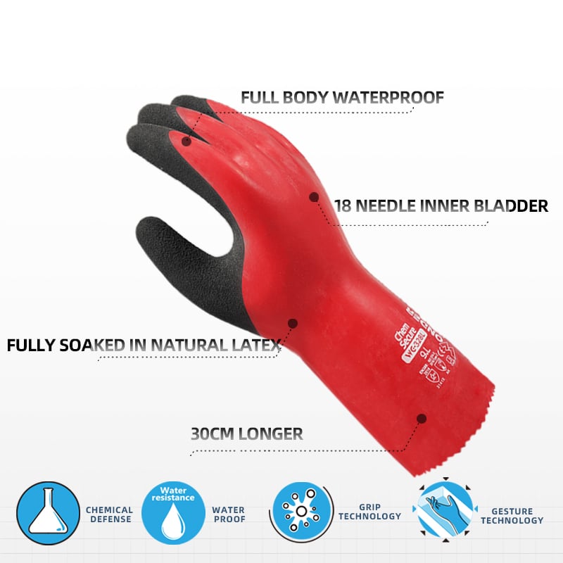 WG-328L Chem Secure extended waterproof chemical protective work gloves red nylon spandex natural latex gloves supplier