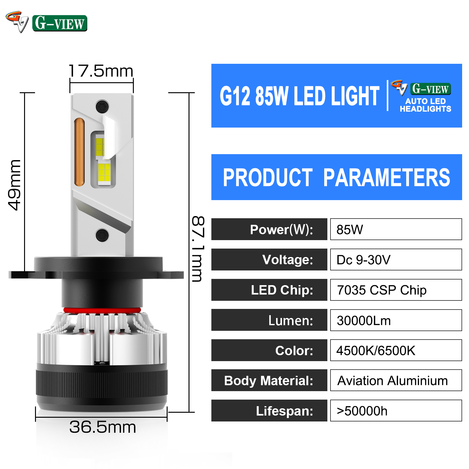 Gview G12W LED CSP 7035 Chip LED Head Light with Fan H1 H18 H7 H11 H13 9005 9006 9007 9012 30000lm H4 H19 LED Headlight Bulb details
