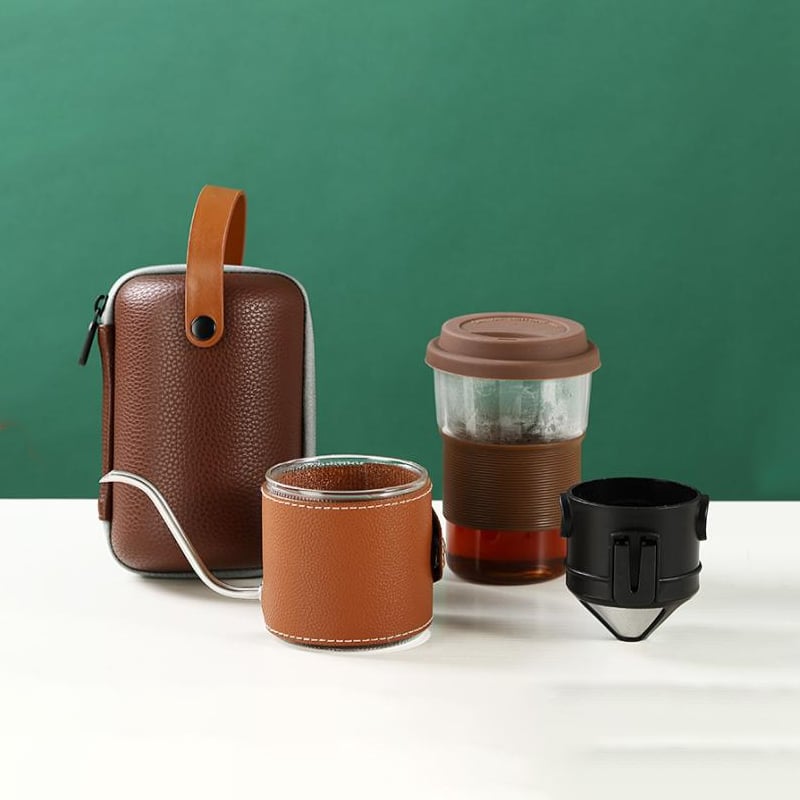 Wholesale Portable Outdoor Drinkware Heat Insulation Glass Travel Tea Coffee Pot Set with Filter and Carring Bag supplier