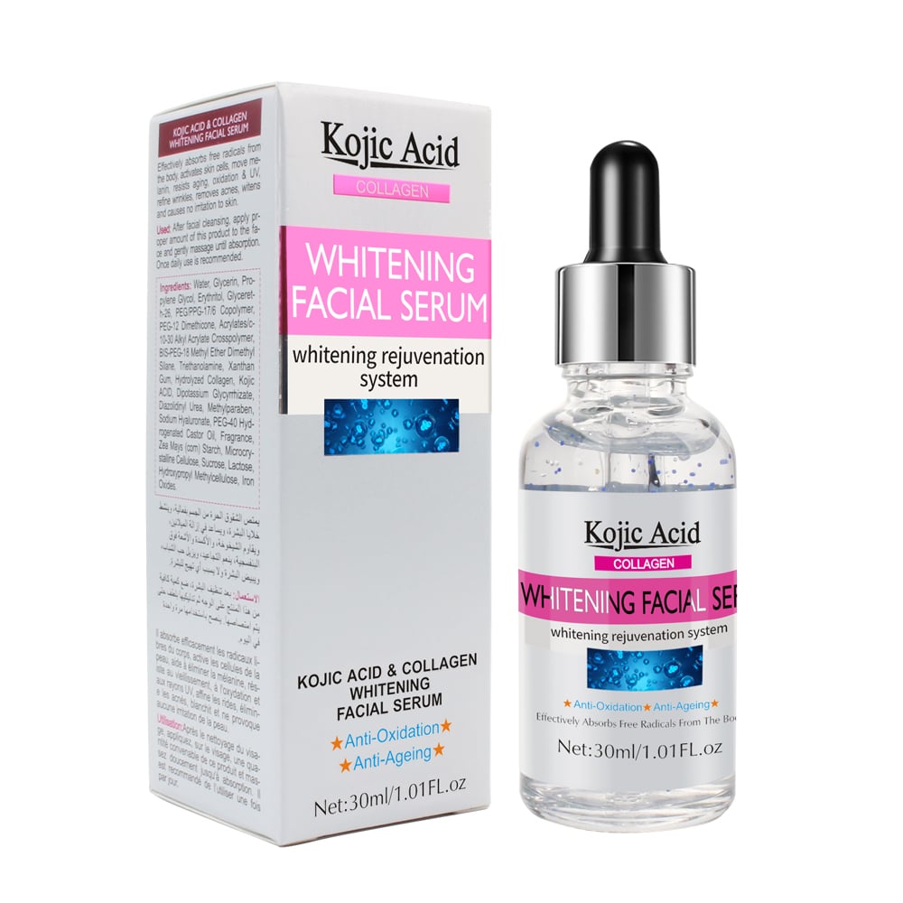 Suero antienvejecimiento blanqueador para el rostro de 30 ml con colágeno y ácido kójico, marca privada o OEM