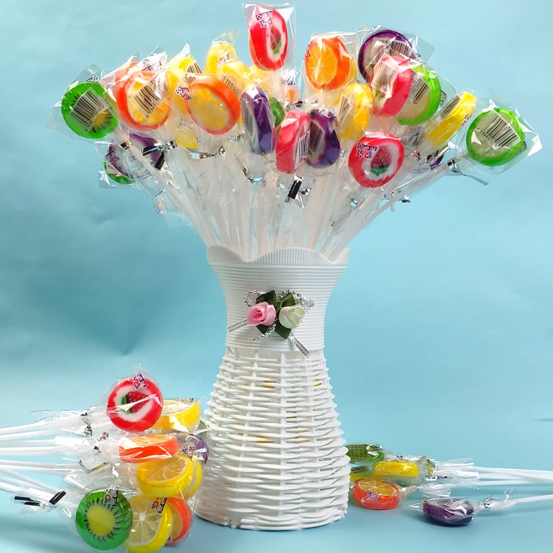 Vitamin fruit flavor orange, lemon, grape shape flat round hard candy lollipop details