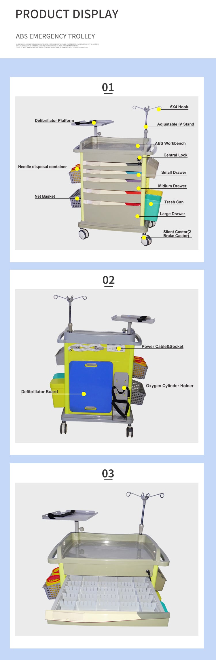 BDT212 Hospital Patient ABS Medical trolley Nursing Treatment Emergency Trolley Medical factory